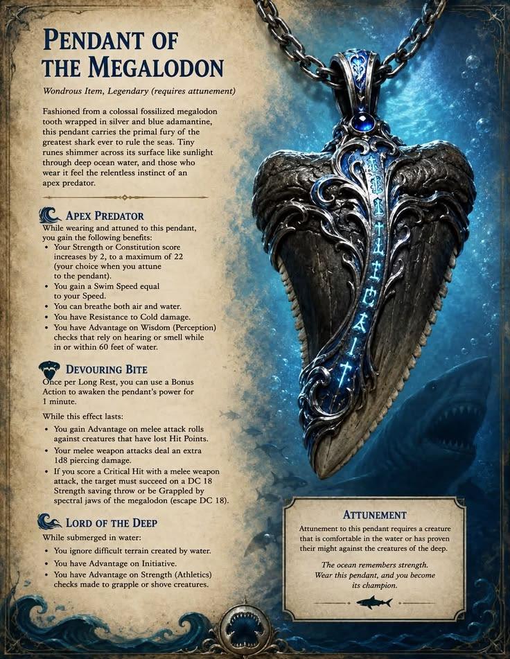 Dungeons and Dragons item card, Pendant of the Megalodon, fossil tooth in silver and adamantine