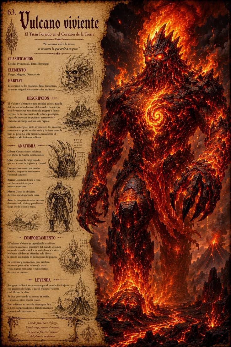 Bestiary plate 63, Vulcano viviente, a magma titan