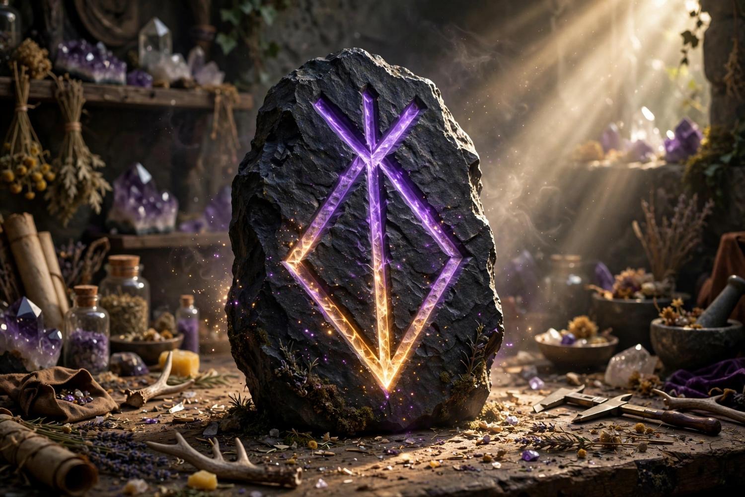 Standing stone in an apothecary, the same bindrune glowing purple to gold