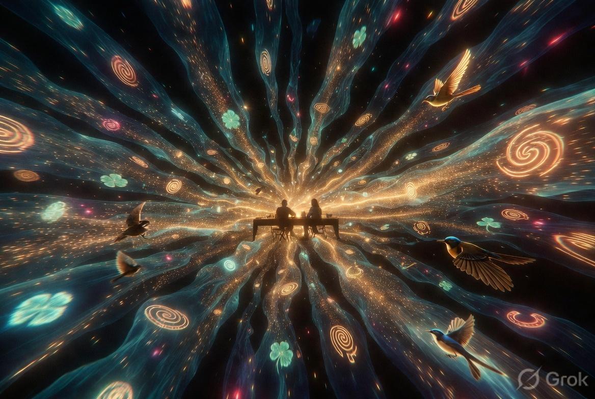 Two people sitting at a table at the centre of a gold and teal burst, birds and clovers in the rays