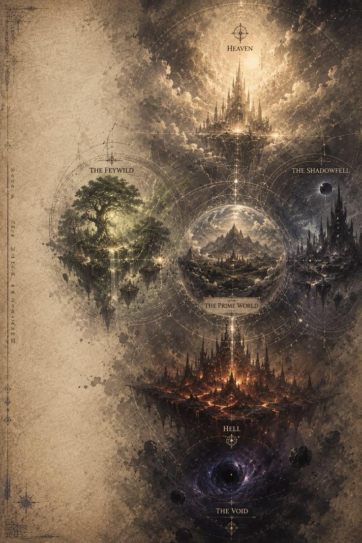 Cosmology map of Heaven, Feywild, Prime World, Shadowfell, Hell, and the Void