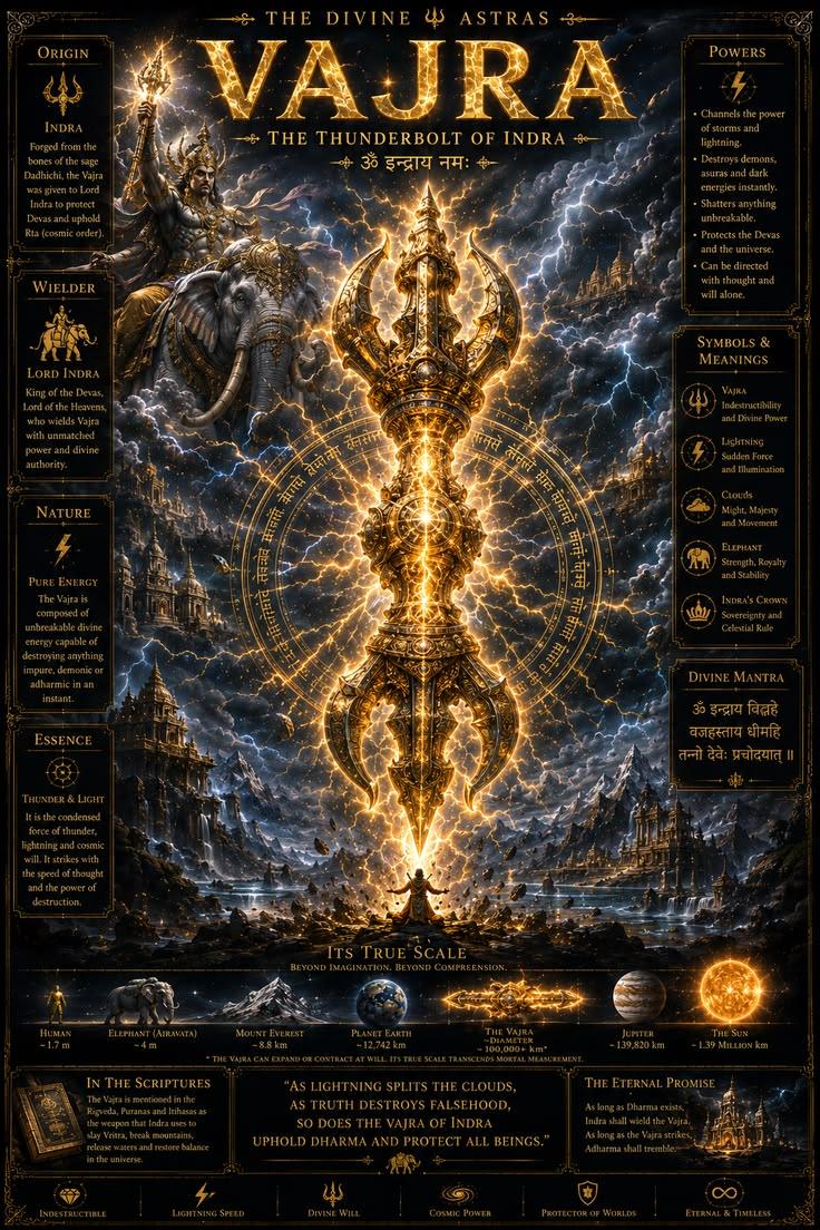 Infographic poster of the Vajra, thunderbolt of Indra, with cosmic scale comparison