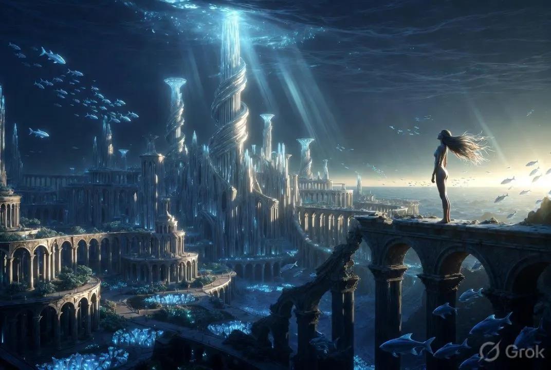 Woman standing on a stone aqueduct above a vast sunken city of spiral towers and fish