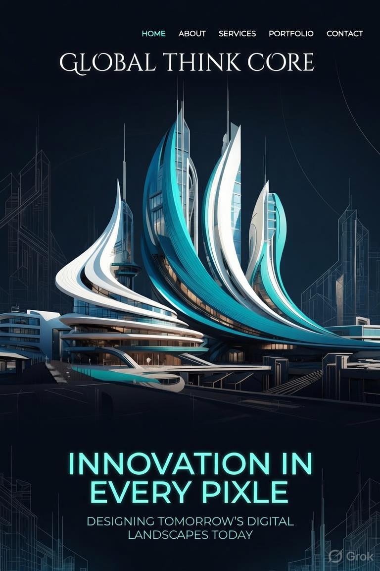 Poster for Global Think Core showing a teal and white sail-like headquarters, Innovation in Every Pixle