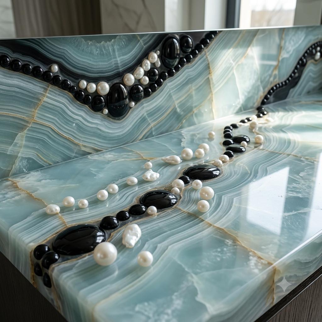 Teal agate counter inlaid with pearls, black stones, and gold veins in a river pattern