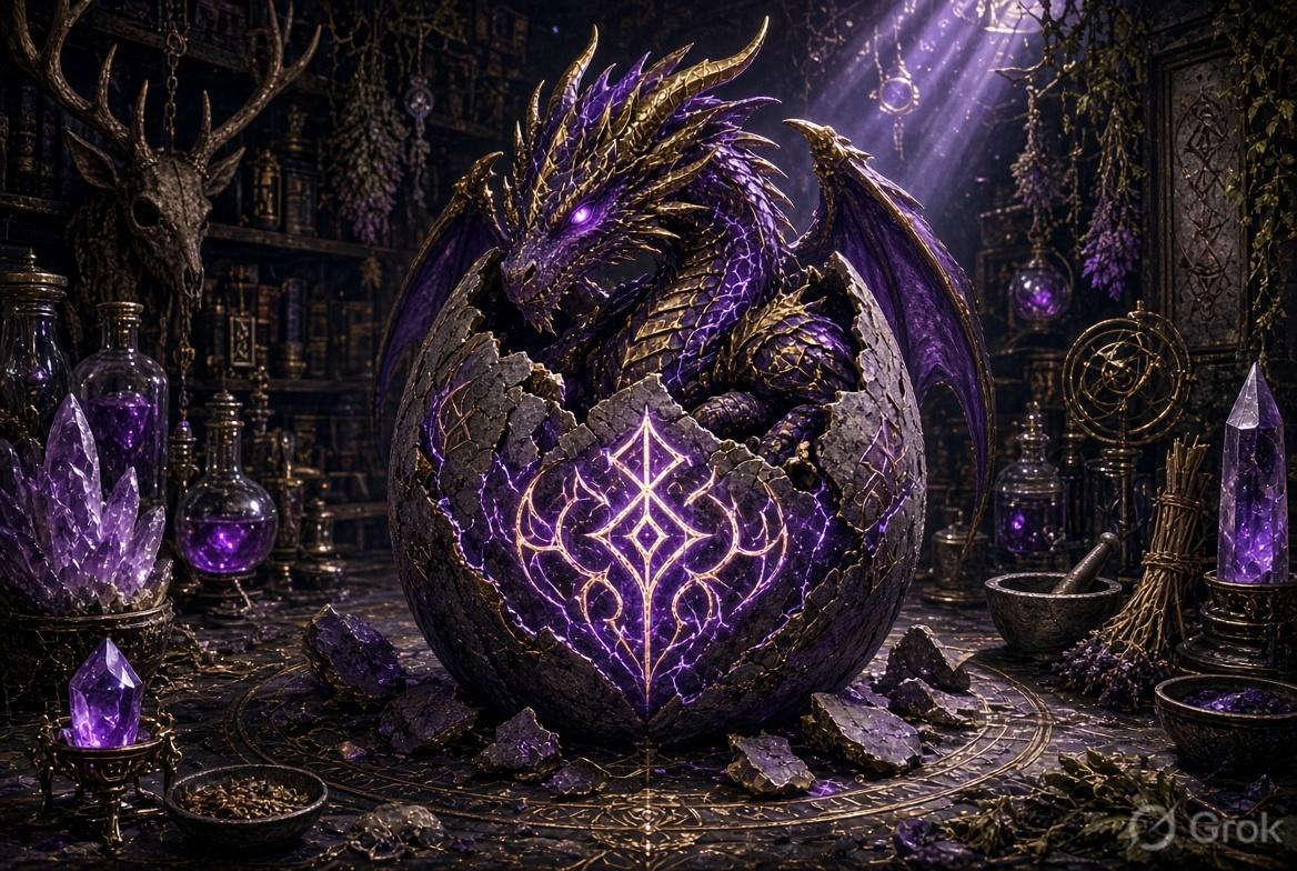 Purple-gold dragon hatching from an egg marked with a glowing rune, dark apothecary