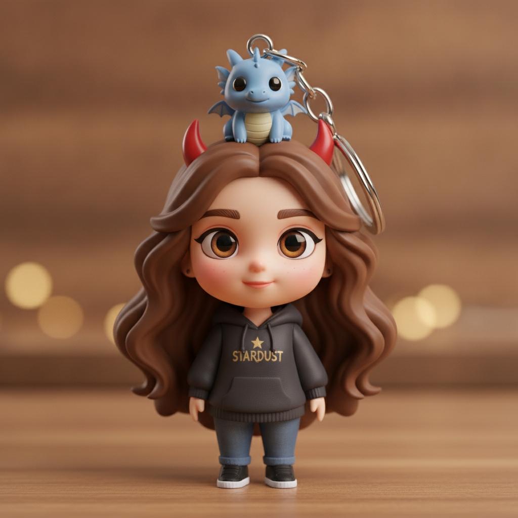 Chibi vinyl keychain of Stardust with a tiny blue dragon on her head