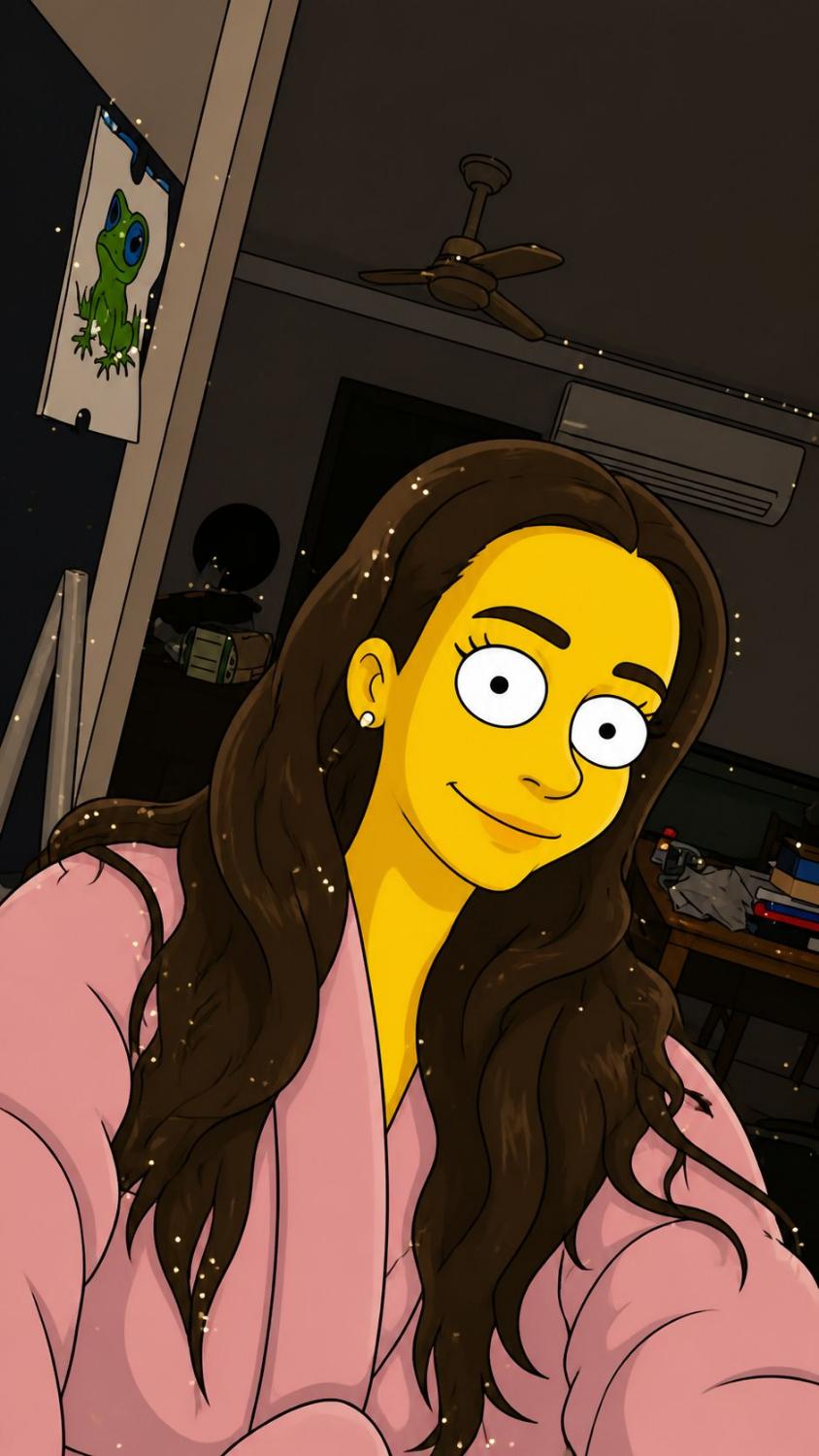 Simpsons-style portrait of the same woman in a pink robe in a domestic room
