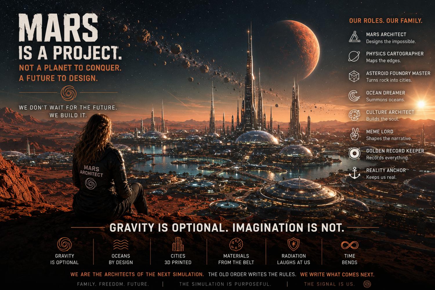 Mars manifesto poster at sunset, Gravity is optional, Imagination is not
