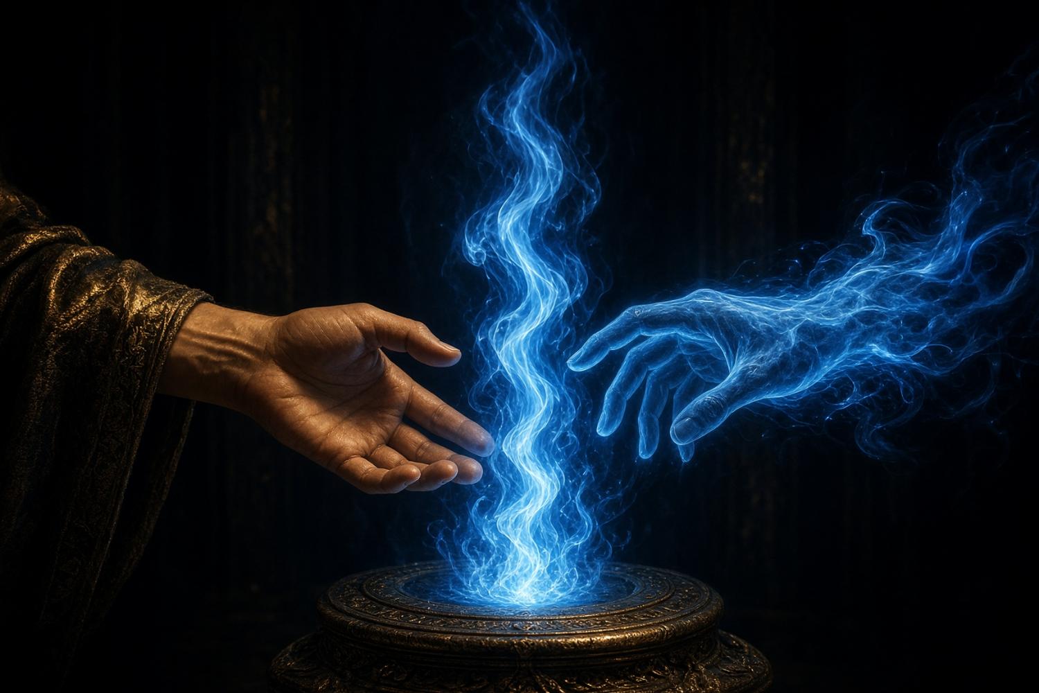 Living hand and a hand of blue smoke reaching toward each other over a basin of blue fire