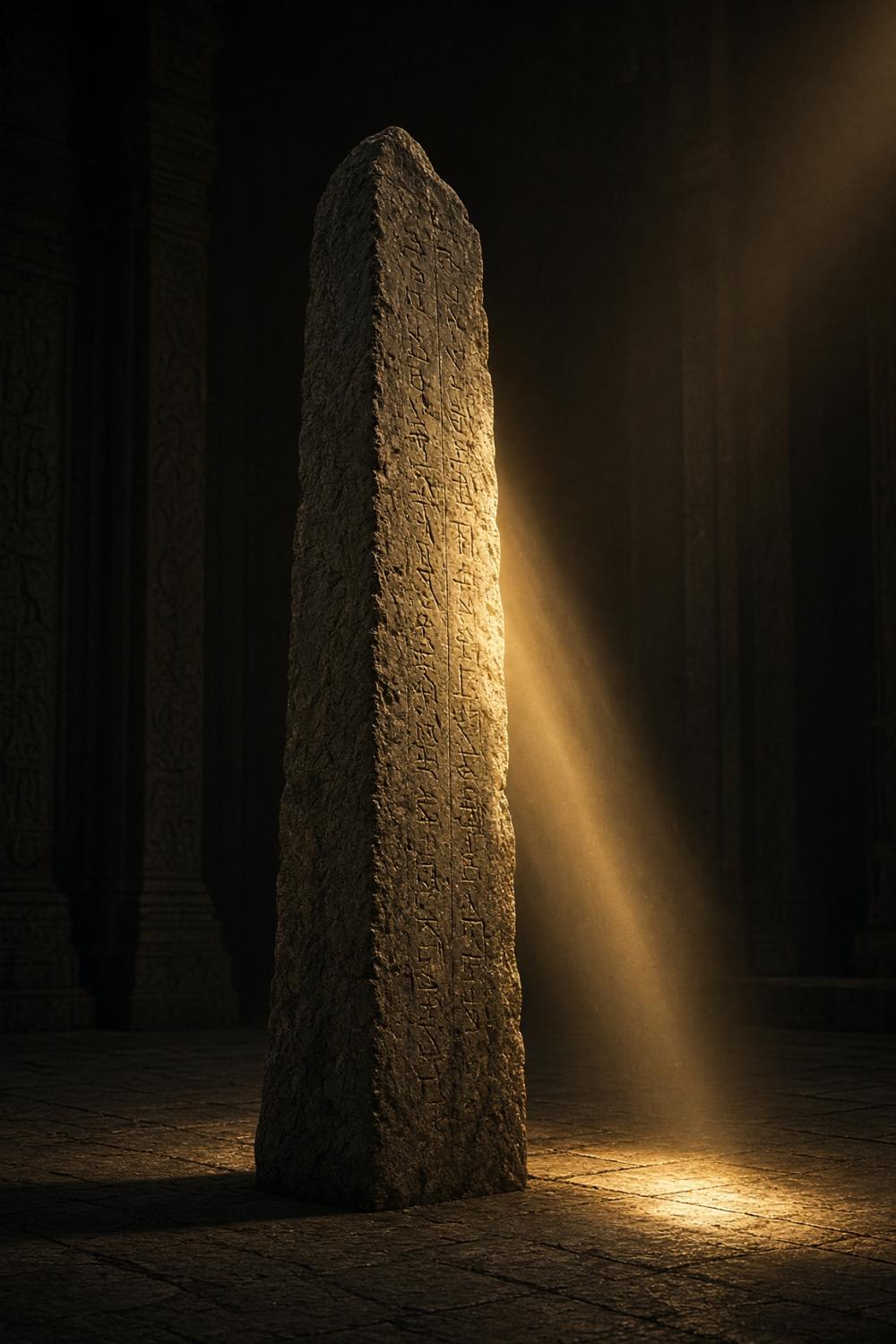Tall inscribed stone in a dark temple with a single shaft of sunlight