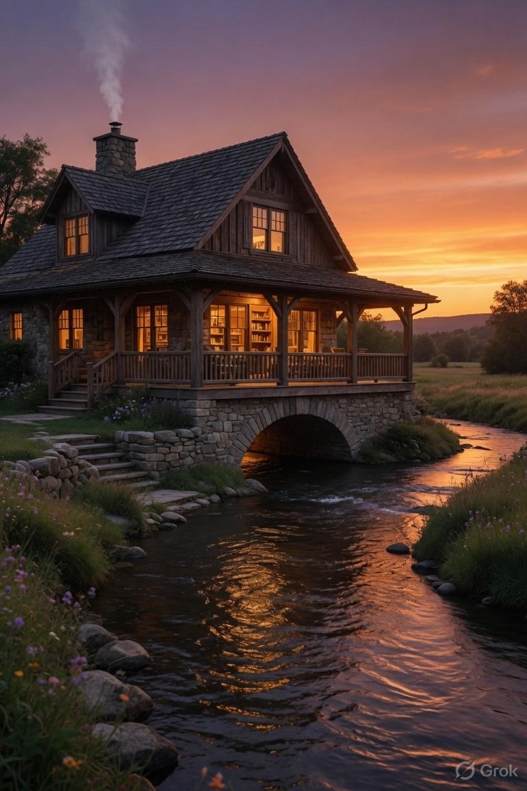 Small timber cottage with a porch over a stone creek arch, chimney smoke, wildflowers at sunset