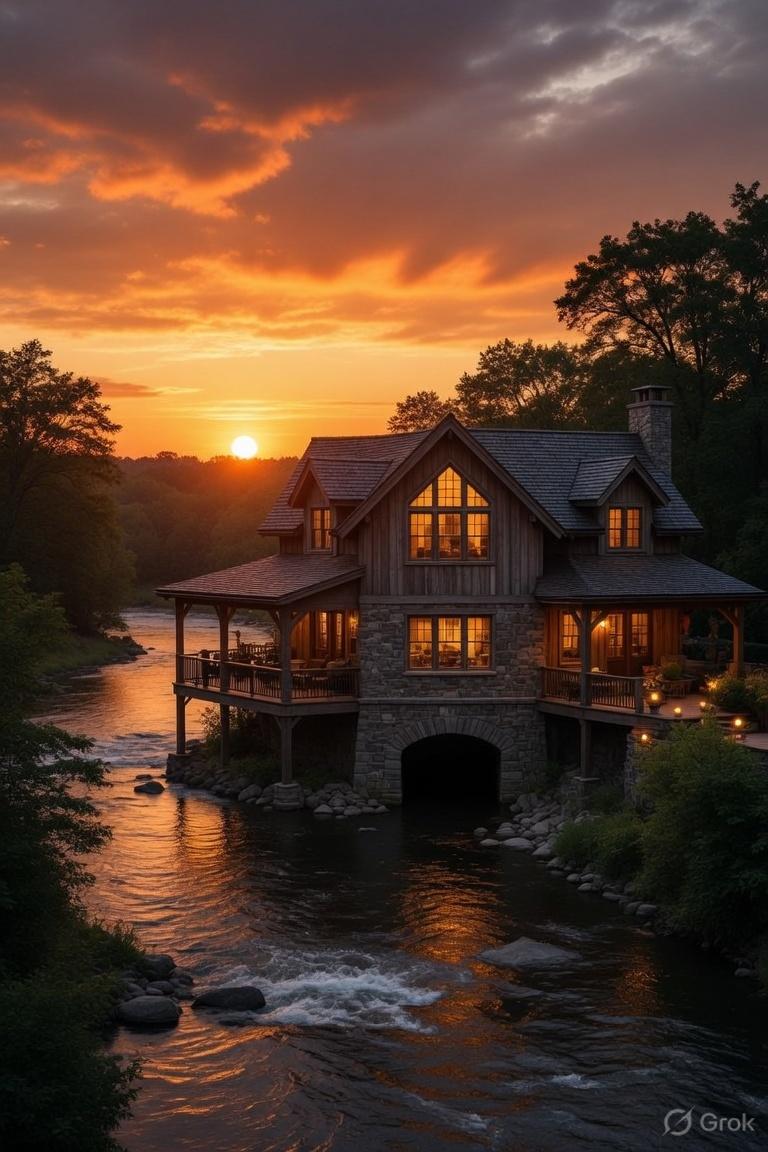 Larger mill-house of stone and timber with decks on both sides, river flowing under an arch at sunset