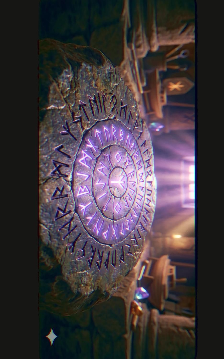 Circular rune stone on a workshop wall, nested futhark rings glowing purple