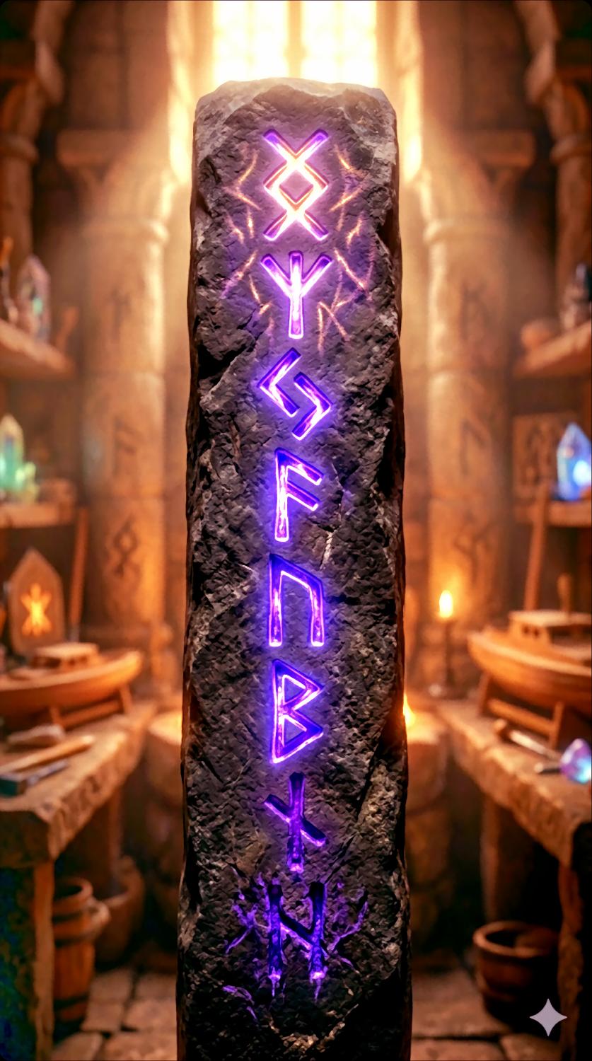 Tall standing stone in the workshop with a vertical column of purple glowing runes