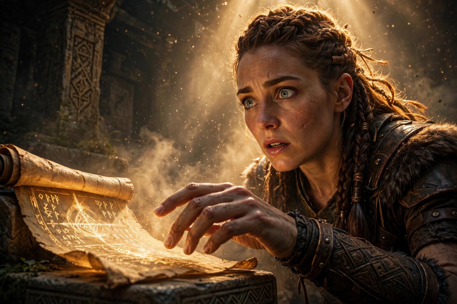 Braided warrior reaching toward a glowing golden scroll in a sunlit temple