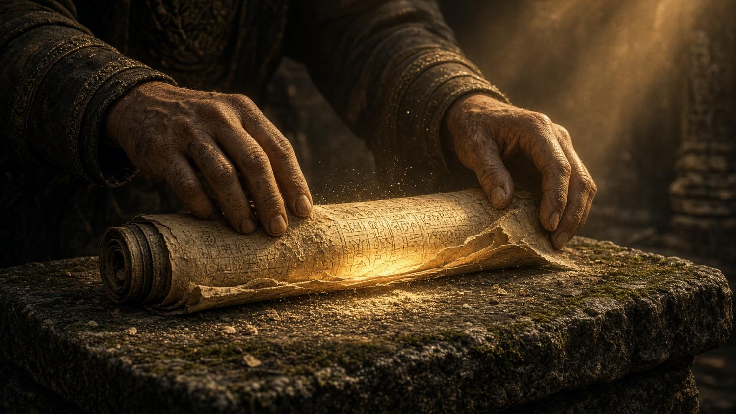 Old weathered hands unrolling a glowing inscribed scroll on a mossy stone altar