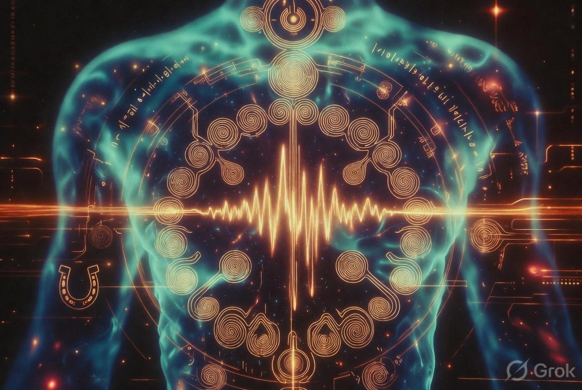 Translucent teal torso with a gold spiral mandala, a heartbeat waveform, and a horseshoe