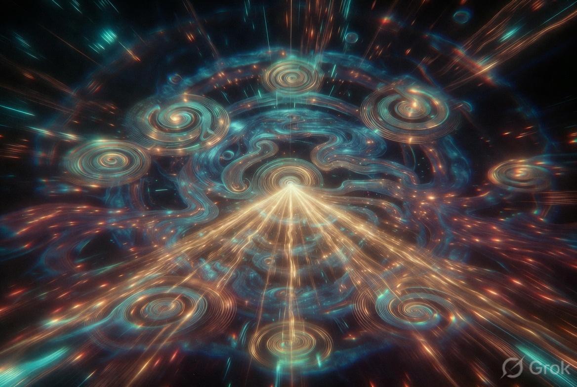 Central gold light bursting through a ring of teal spirals