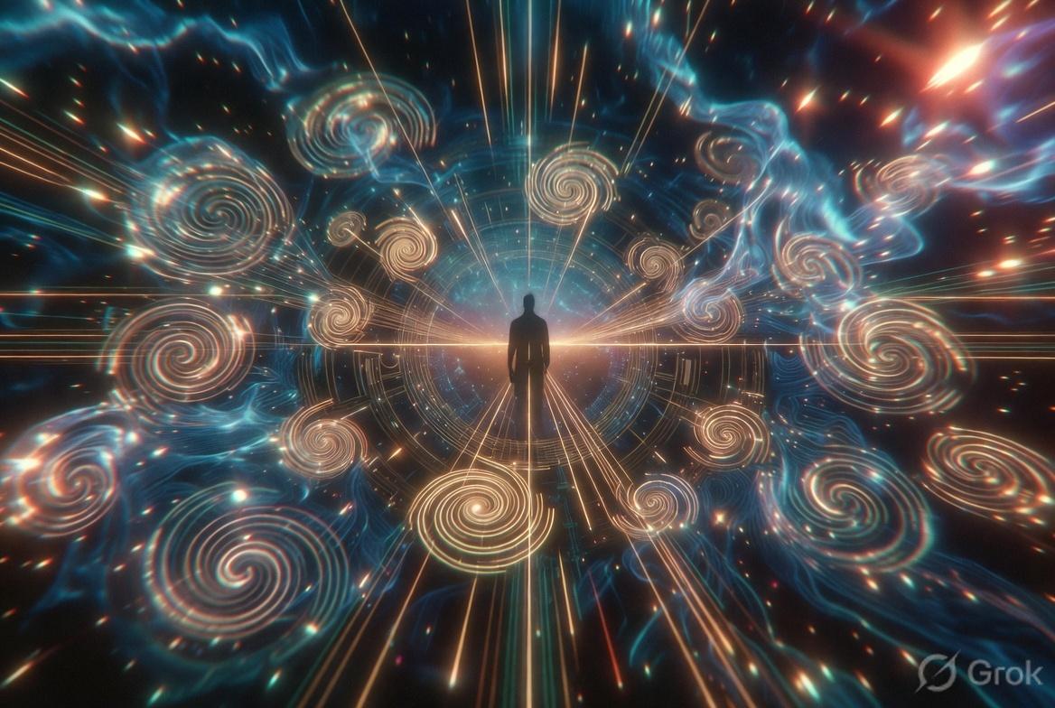 A figure standing at the centre of radiating gold lines, ringed by spirals