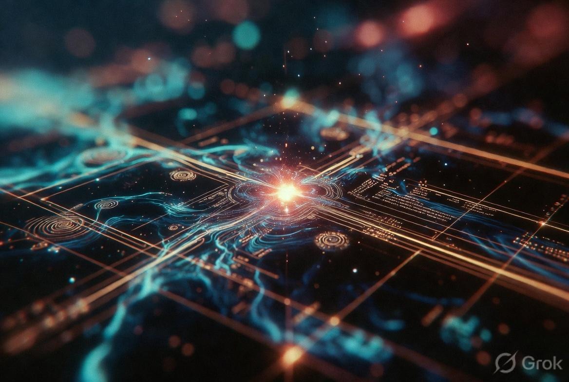 Gold circuit grid with a star of light at the cross and teal energy in the traces