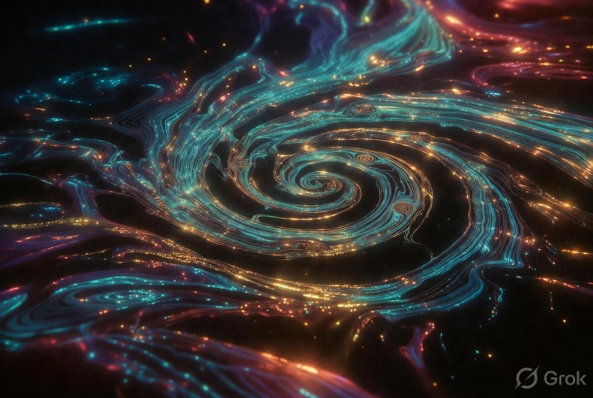 Close-up of a teal and gold luminous spiral like liquid starlight