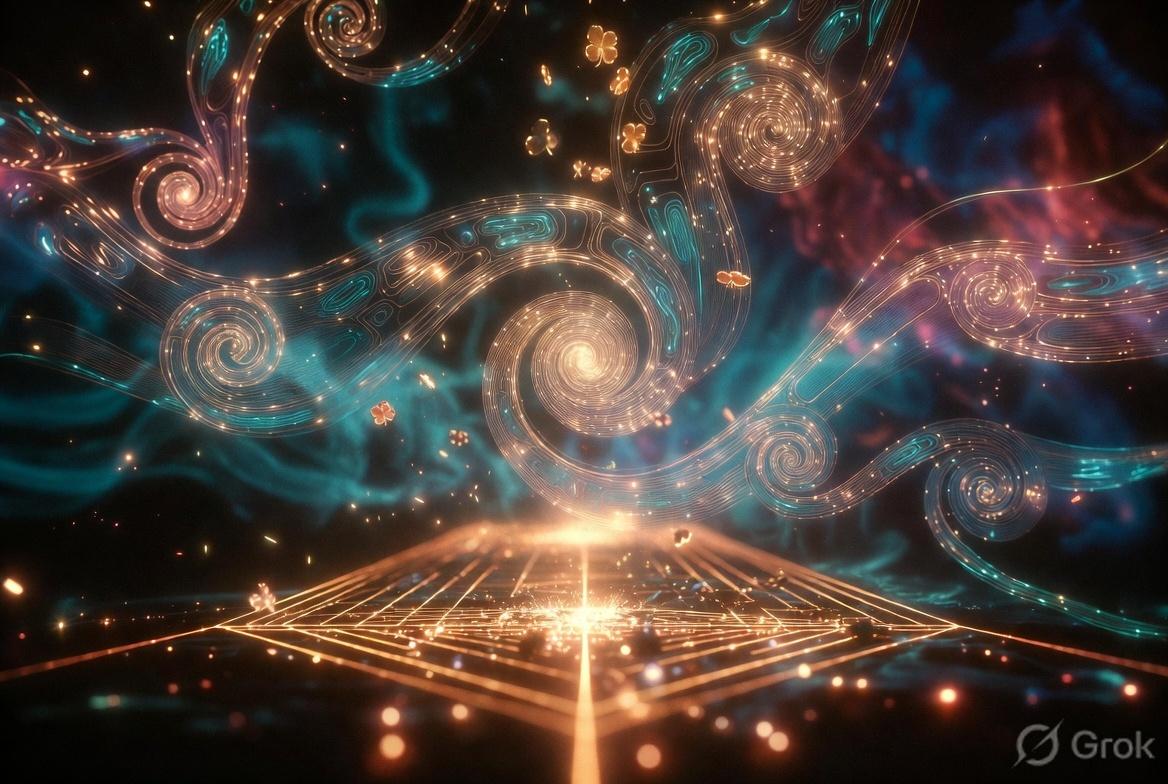 Gold diamond grid on the ground, spiral clouds above, four-leaf clovers in the air