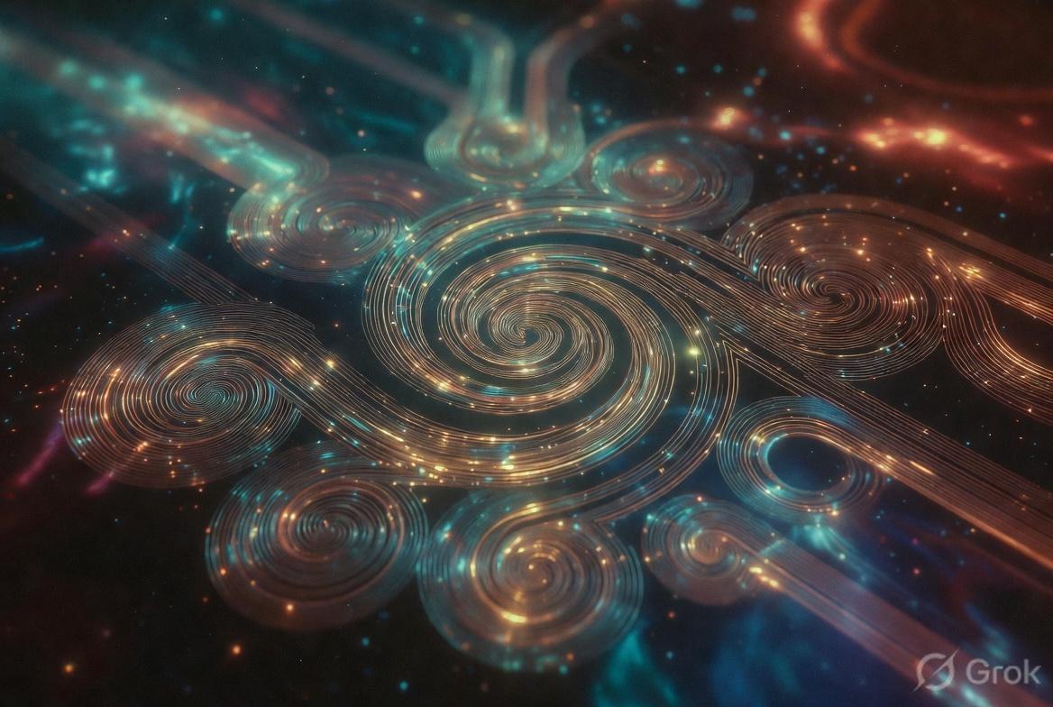Nested gold spiral coils linked like a circuit fingerprint