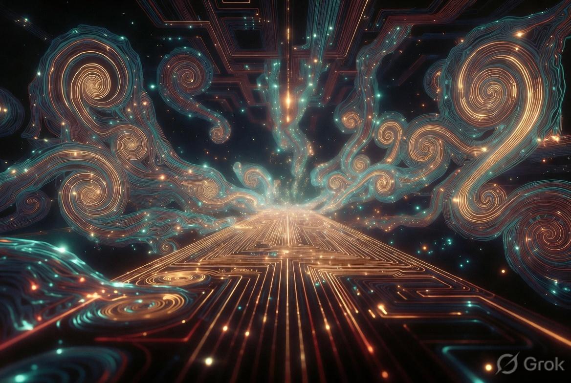 A corridor of gold circuit lines with teal spiral clouds on both sides
