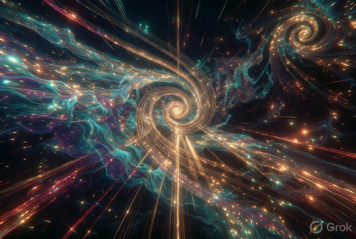 Sideways golden spiral drifting through a teal nebula with light streaks