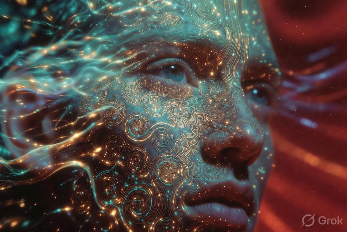 A woman's face mapped with gold and teal spiral patterns, red light on one side