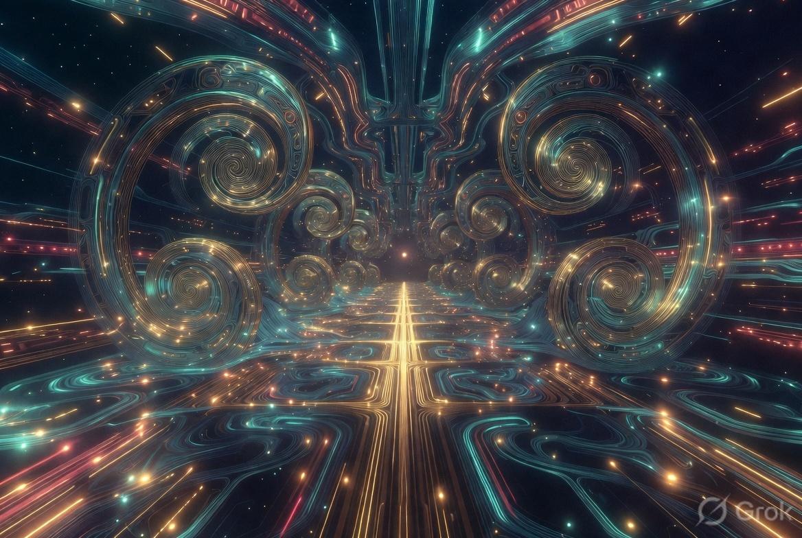 Symmetrical hall of nested gold and teal spirals with a gold cross on the floor