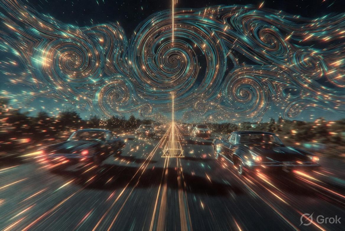 Cars on a night highway under a Van Gogh spiral sky with a gold vanishing point