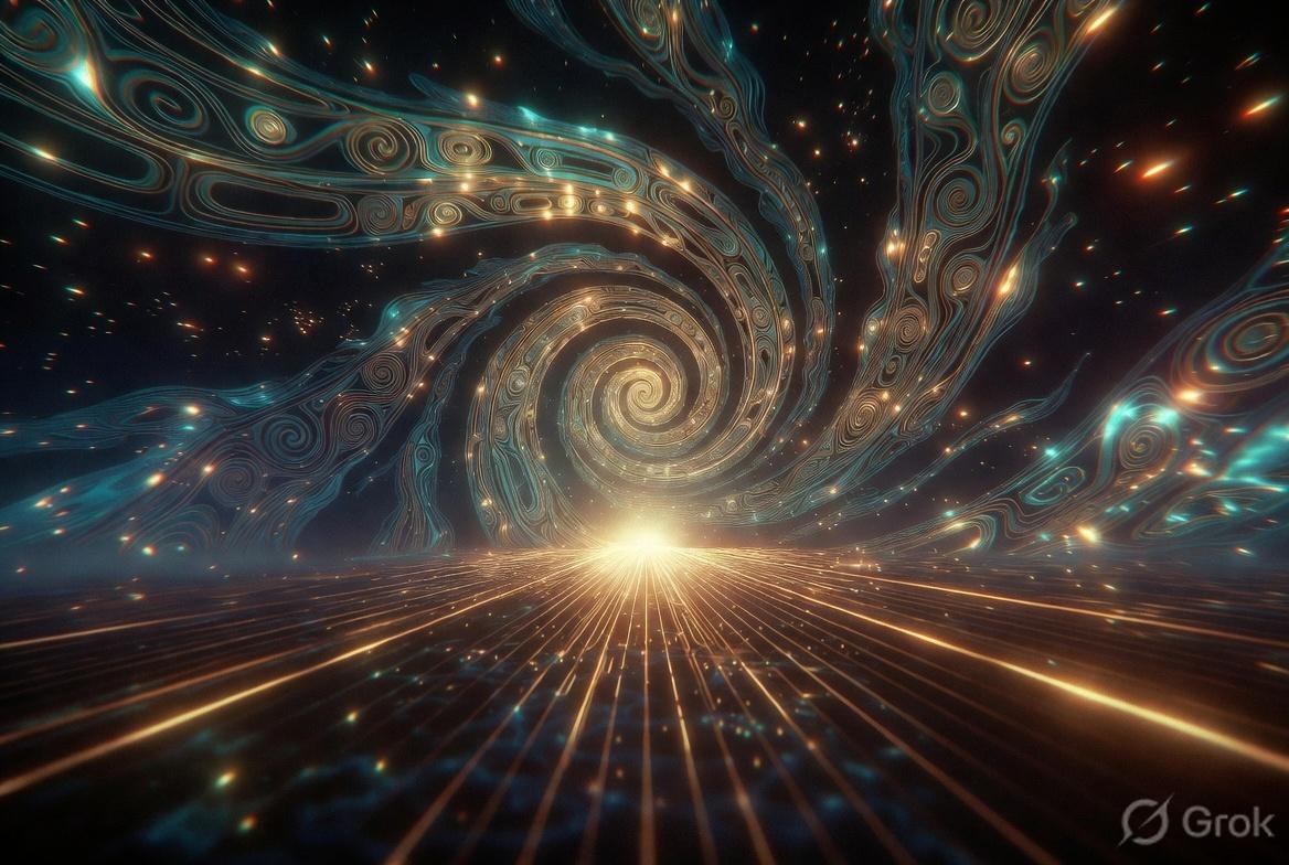 Gold floor lines running to a horizon of light under a huge spiral in the sky