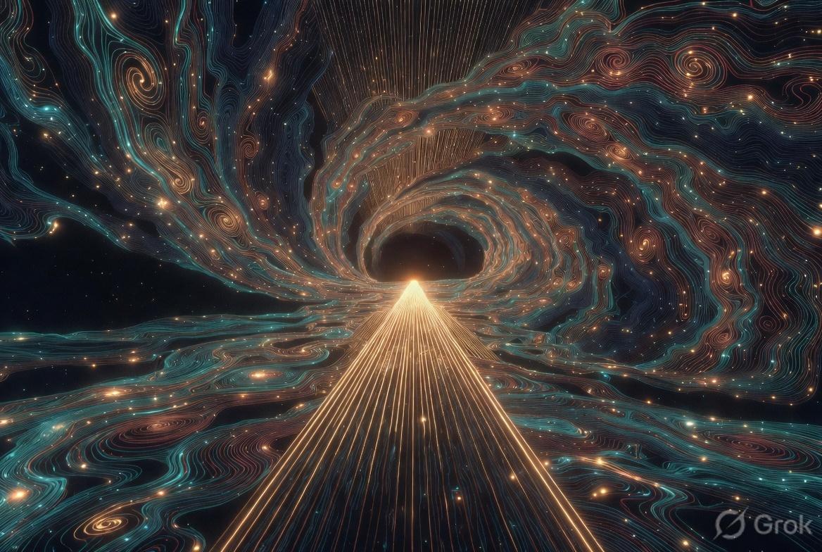 A gold ramp of lines shooting into a spiral tunnel of teal cloud