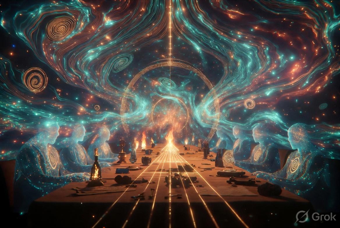 Luminous teal figures seated at a long table under cosmic spirals, gold lines down the centre