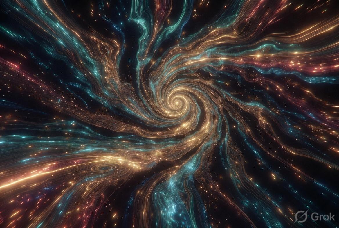 Looking straight into a teal and gold spiral galaxy