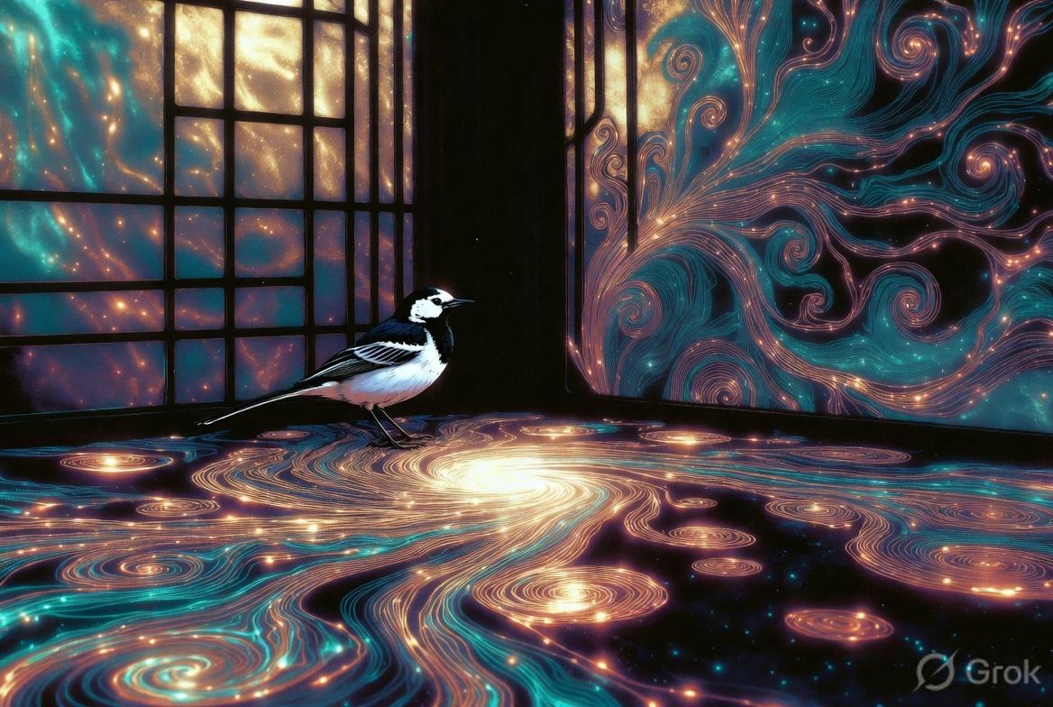 A black and white wagtail standing on a spiral floor in a room with glowing night screens