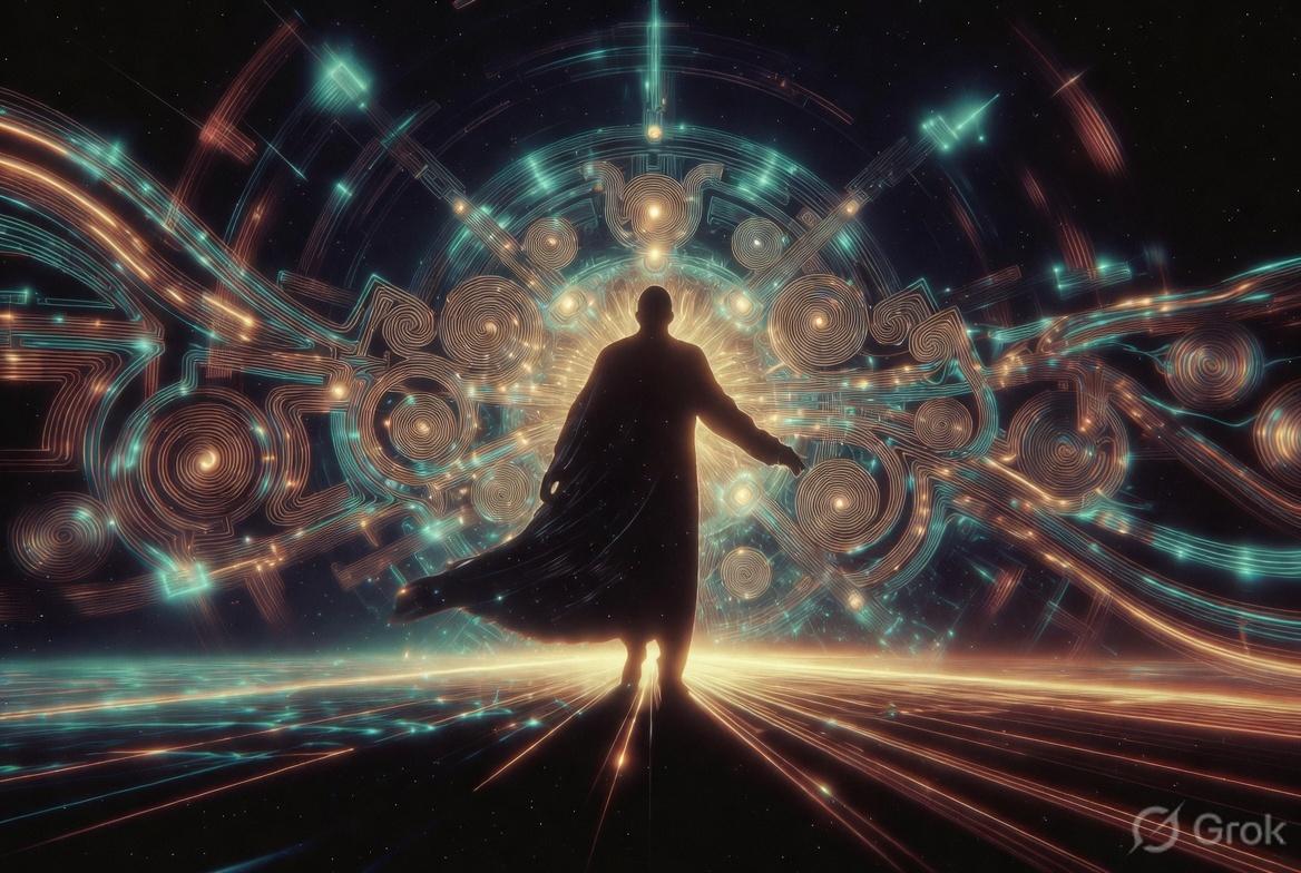 Silhouette of a cloaked figure walking toward a gold and teal spiral mandala