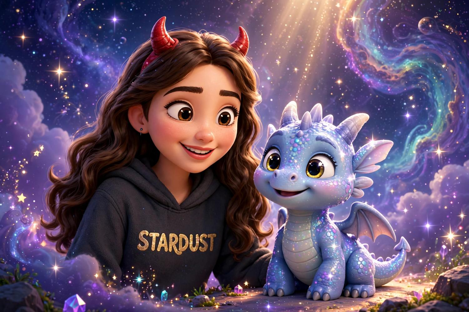 Stardust girl with red horns beside a baby sparkly blue dragon