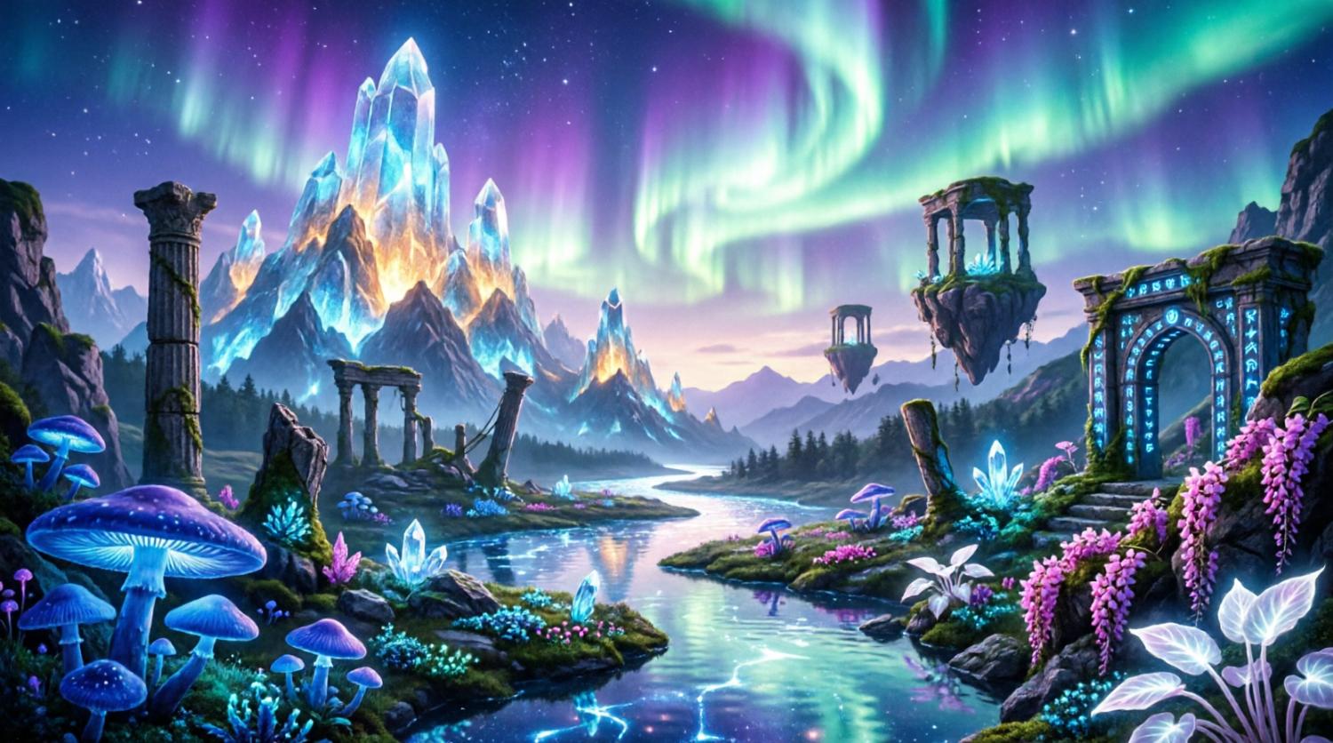 Crystal mountains, aurora, glowing river, floating temple ruins, giant blue mushrooms