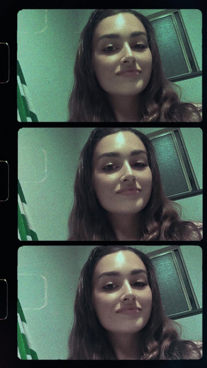 Three photobooth film frames of the same woman indoors