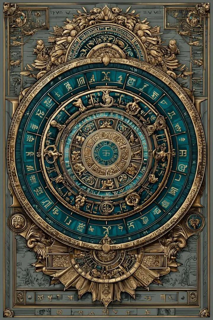 Ornate gold and teal astrolabe with concentric rings of beasts and glyphs