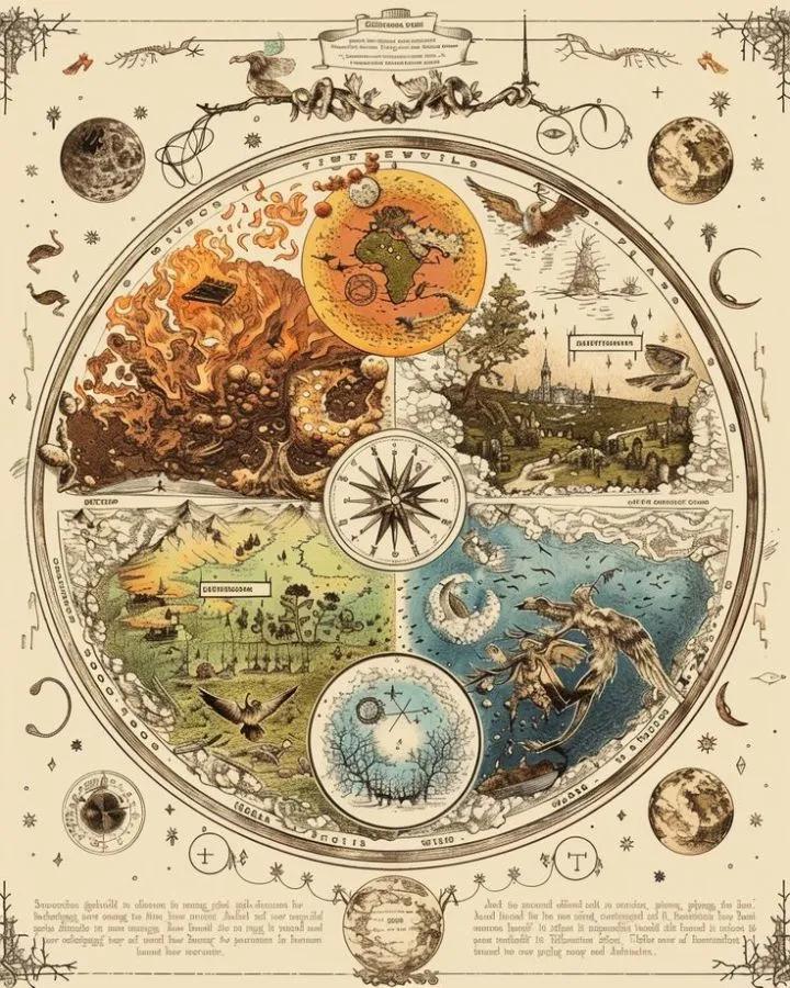 Antique circular cosmological chart of four elements around a compass rose